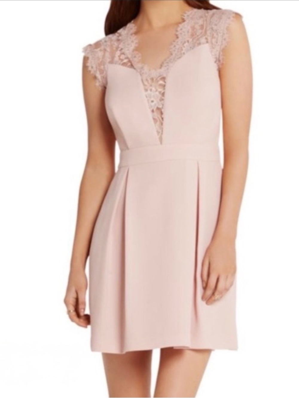 BCBGeneration Blush Lace-Trim V-Neck Mini Dress
